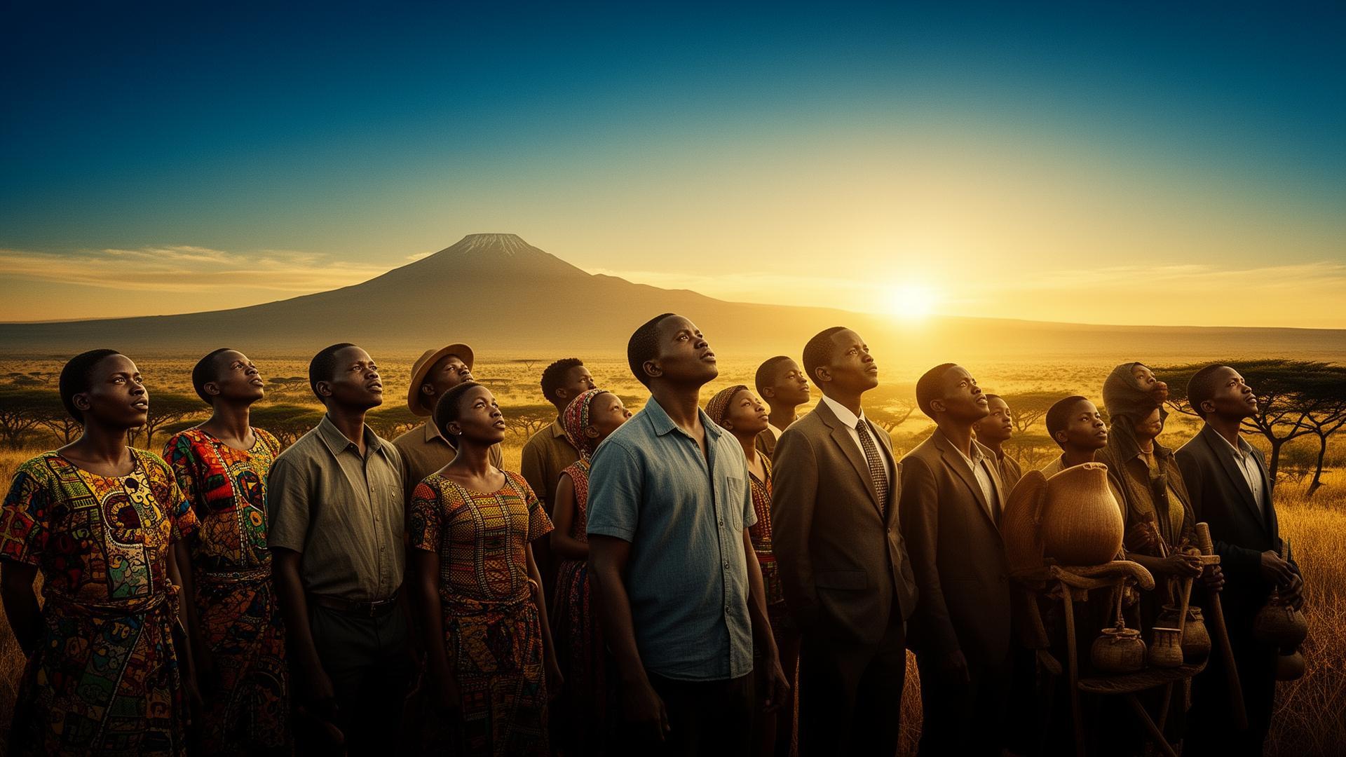 Kenyans standing together at sunrise